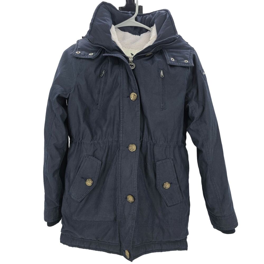Abercrombie Kids size 13/14 Long Line Coat Navy Blue Cream Faux Fur 2 Pockets